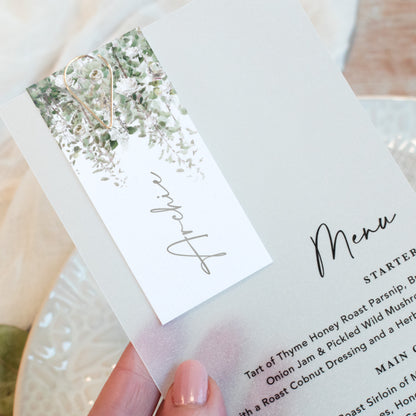 Windsor Vellum Wedding Menu with Guest Name Tag