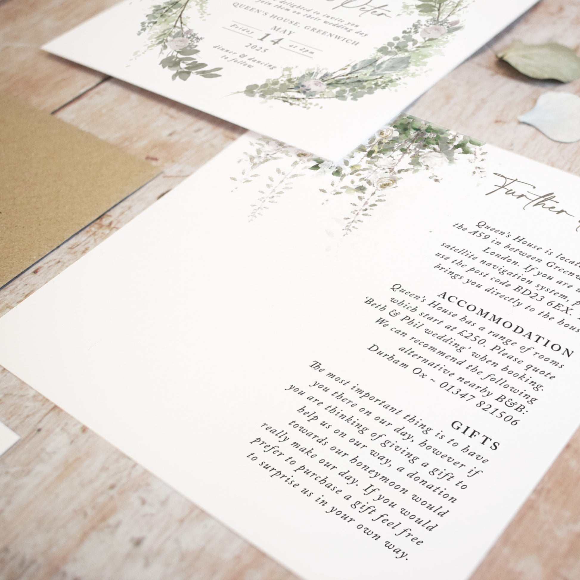 wedding invitations featuring sage green foliage