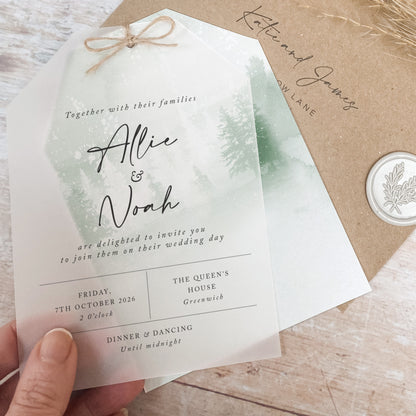 Winter Green Vellum Tag Wedding Invitation