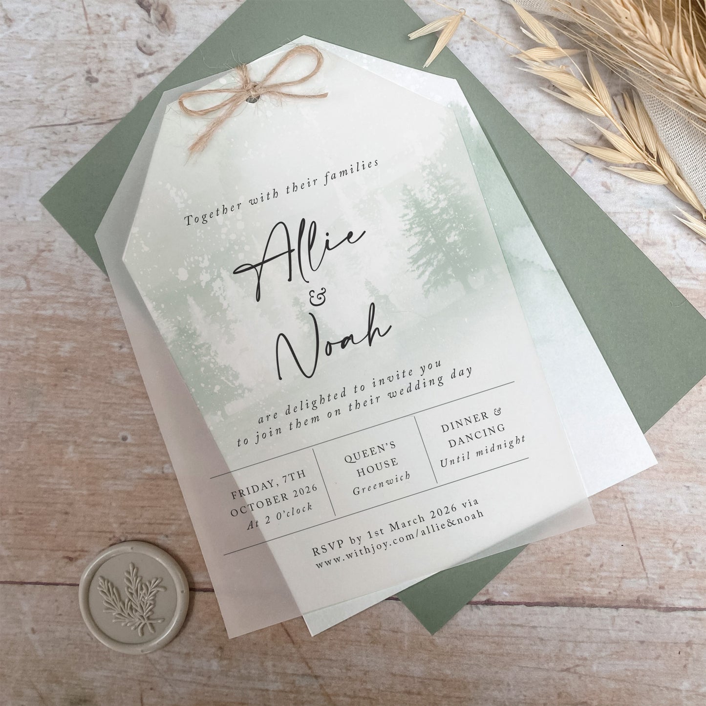 Winter Green Vellum Tag Wedding Invitation