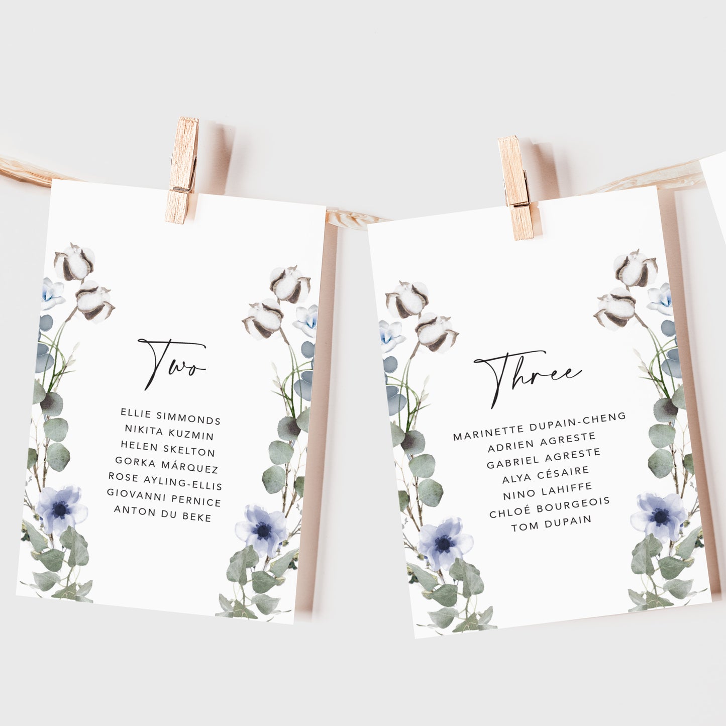 Winter Floral Wedding Seating Plan Cards