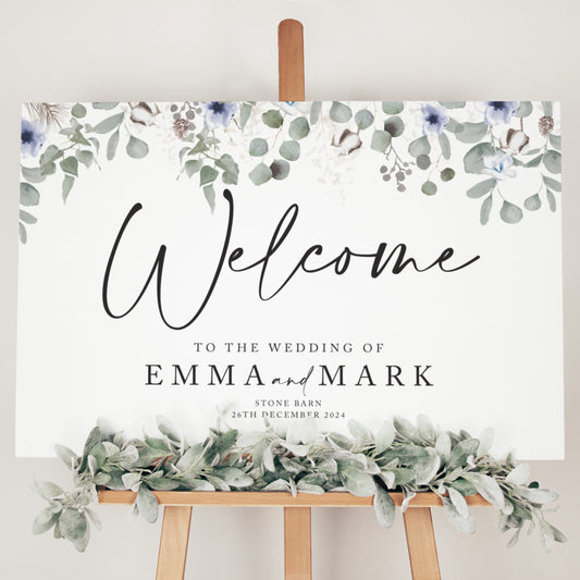 sage green and dusky blue wedding welcome board for a rustic wedding