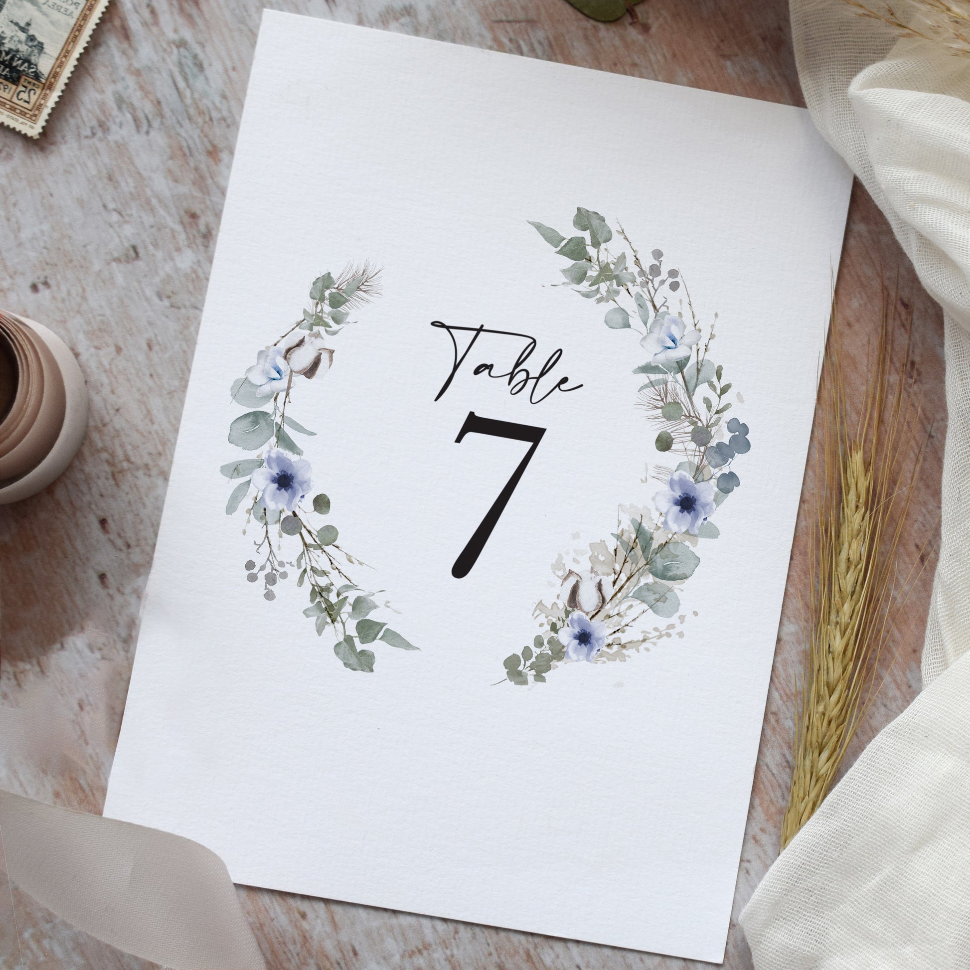 wedding table number cards for a winter wedding