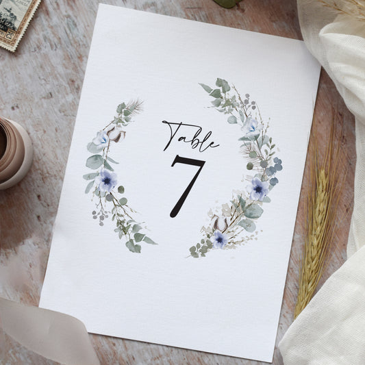 sage green and dusky blue wedding table number cards