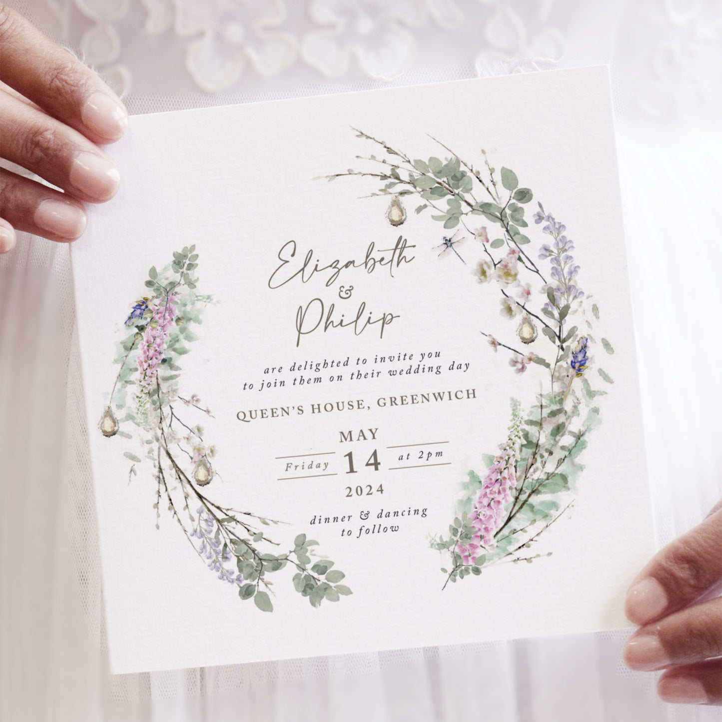 square wedding invitations featuring spring foliage
