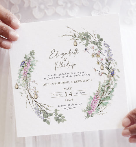 square wedding invitations featuring spring foliage
