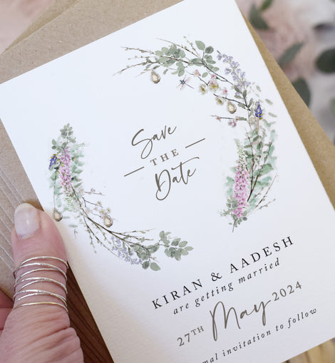 spring floral wreath wedding save the date cards