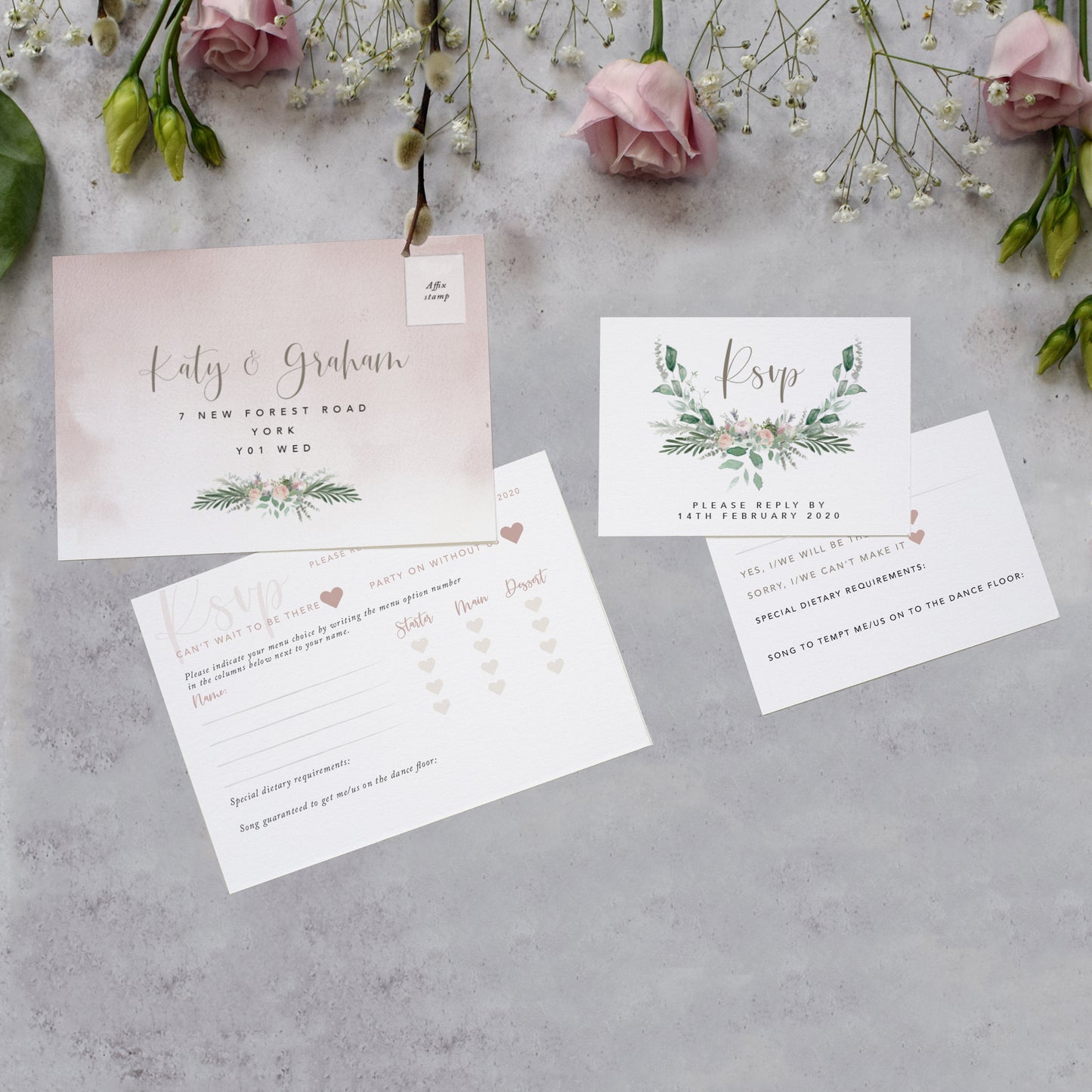 'Foliage Blush' wedding RSVP cards