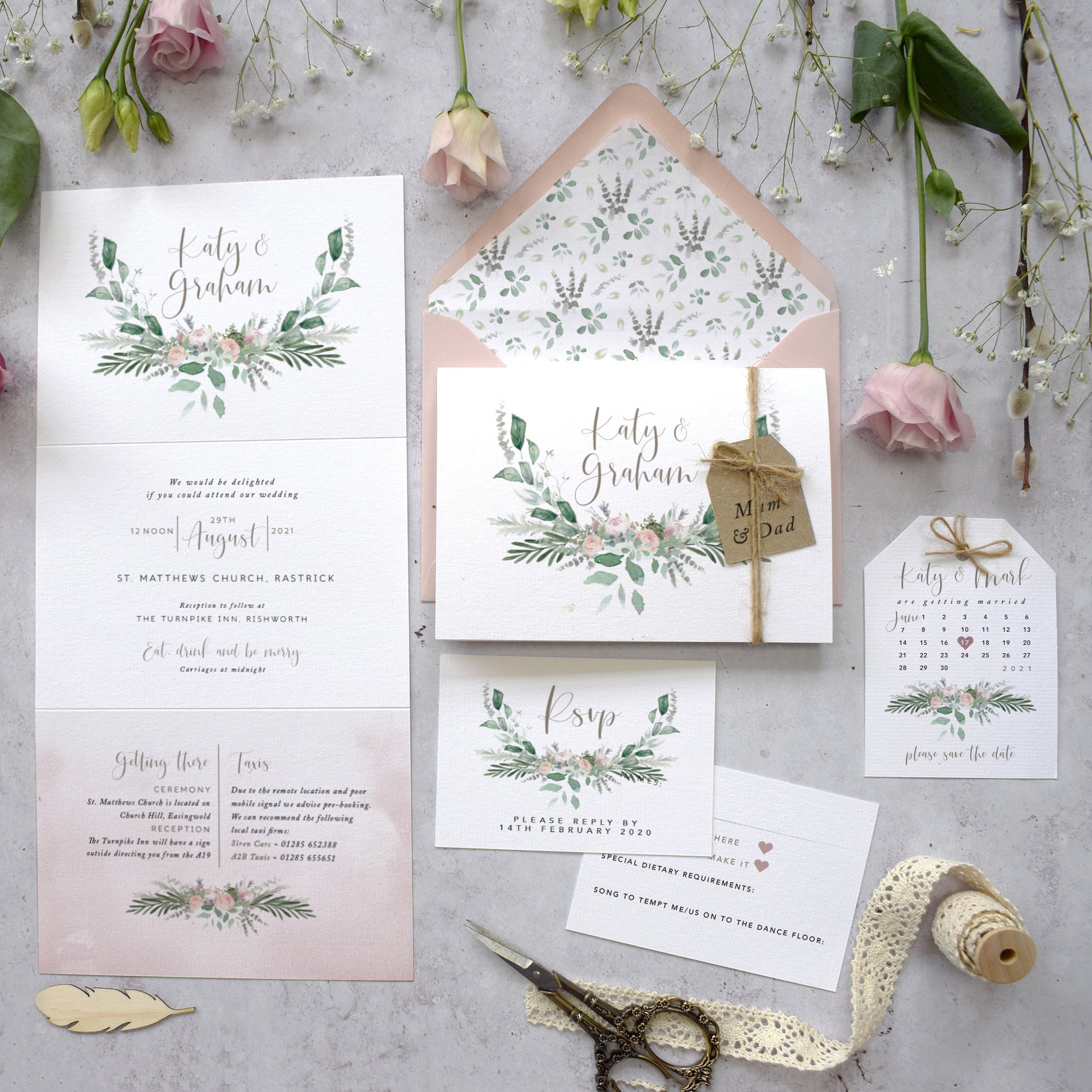 'Foliage Blush'  wedding invitations in concertina fold