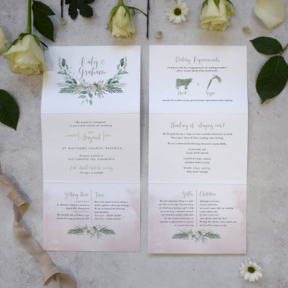 Wedding details on concertina fold 'Foliage Blush' wedding invite