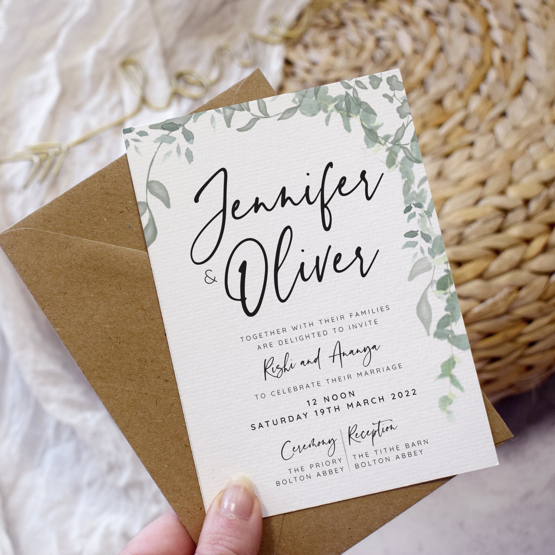'Greenery' wedding postponement cards featuring eucalyptus and modern typography