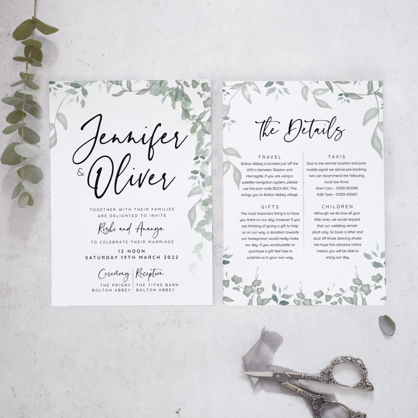 'Greenery wedding details card