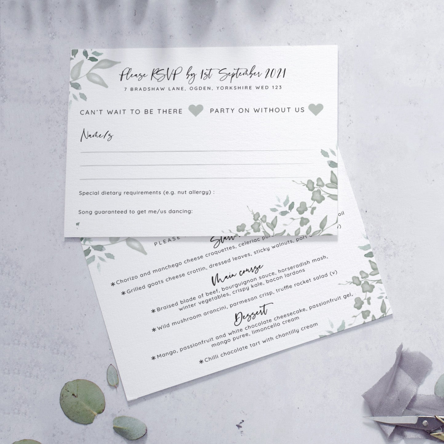 Double sided RSVP card from the 'Greenery' collection