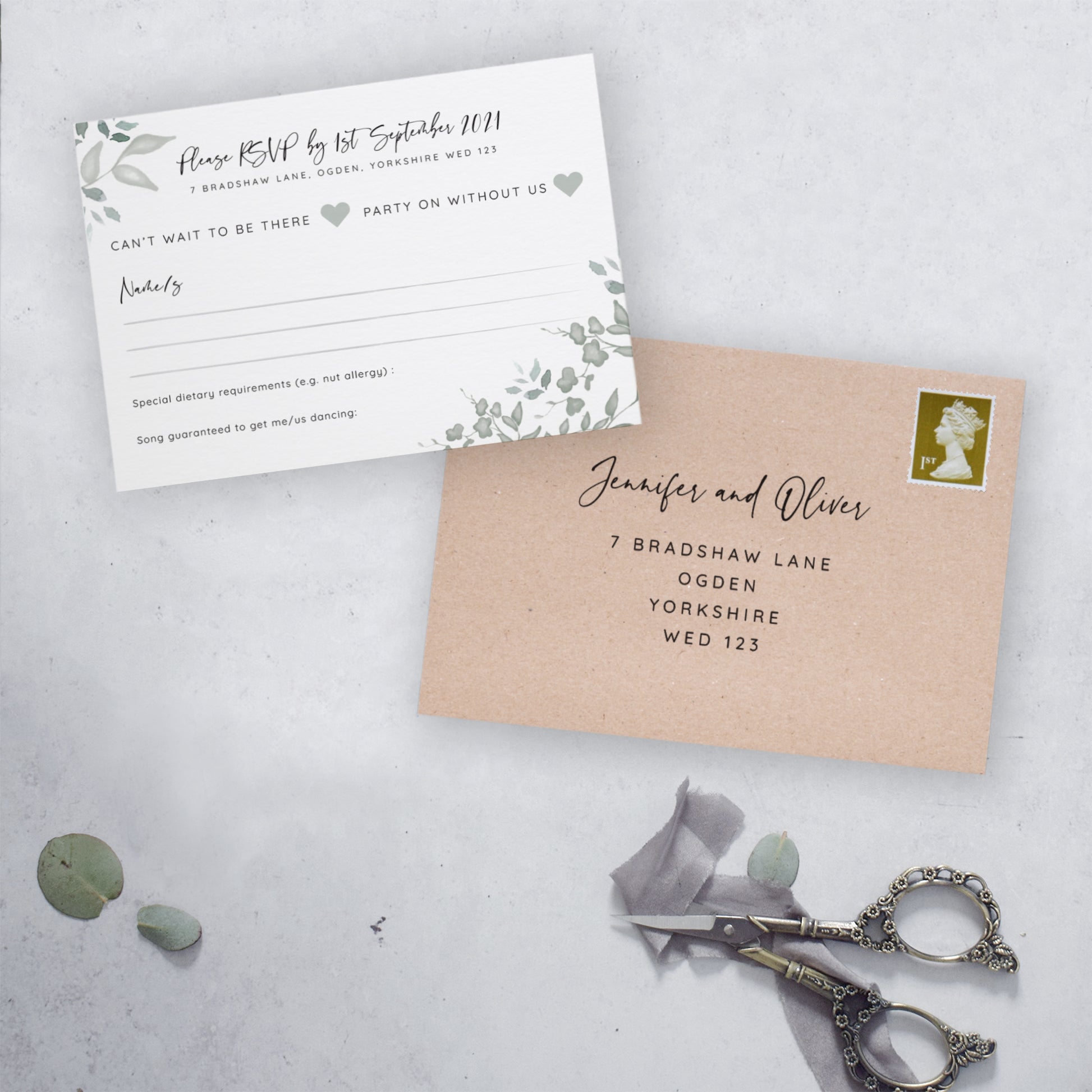 Single sided 'Greenery' RSVP card with personalised envelopes