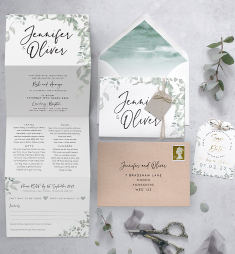 'Greenery' 4 fold concertina wedding invite suite