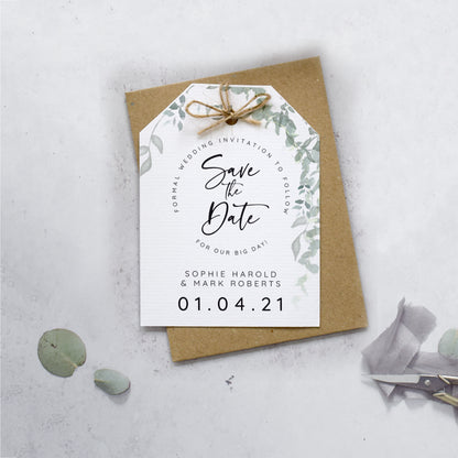 'Greenery' wedding save the date card with kraft envelope