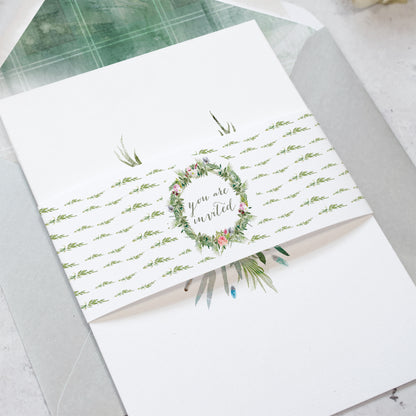 green foliage belly bands for wedding  invitations