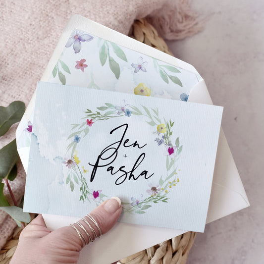 'Flower Press Wreath' concertina fold wedding invitations