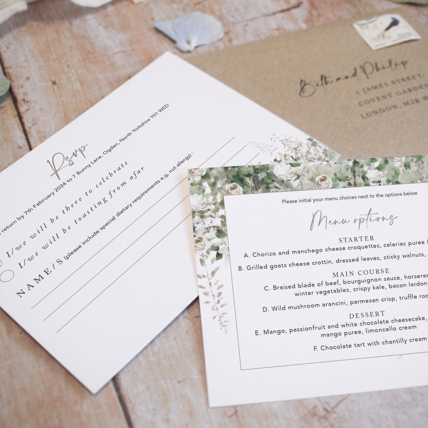 foliage wedding menu cards