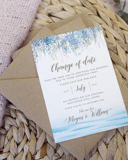 'Whimsical Coast' wedding change the date cards