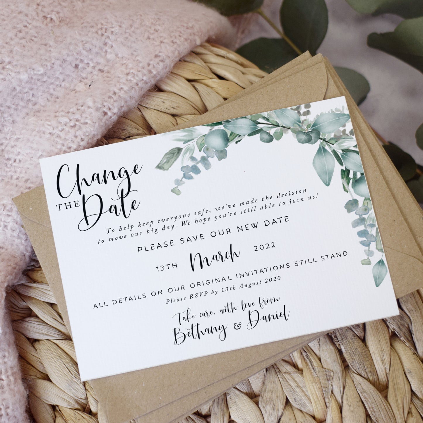 'Eucalyptus' Wedding Change the date cards