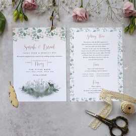 'Fairytale Blossom' wedding details card for woodland weddings