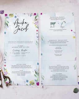 'Flower Press' wedding invite in concertina fold