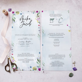 'Flower Press' wedding invite in concertina fold