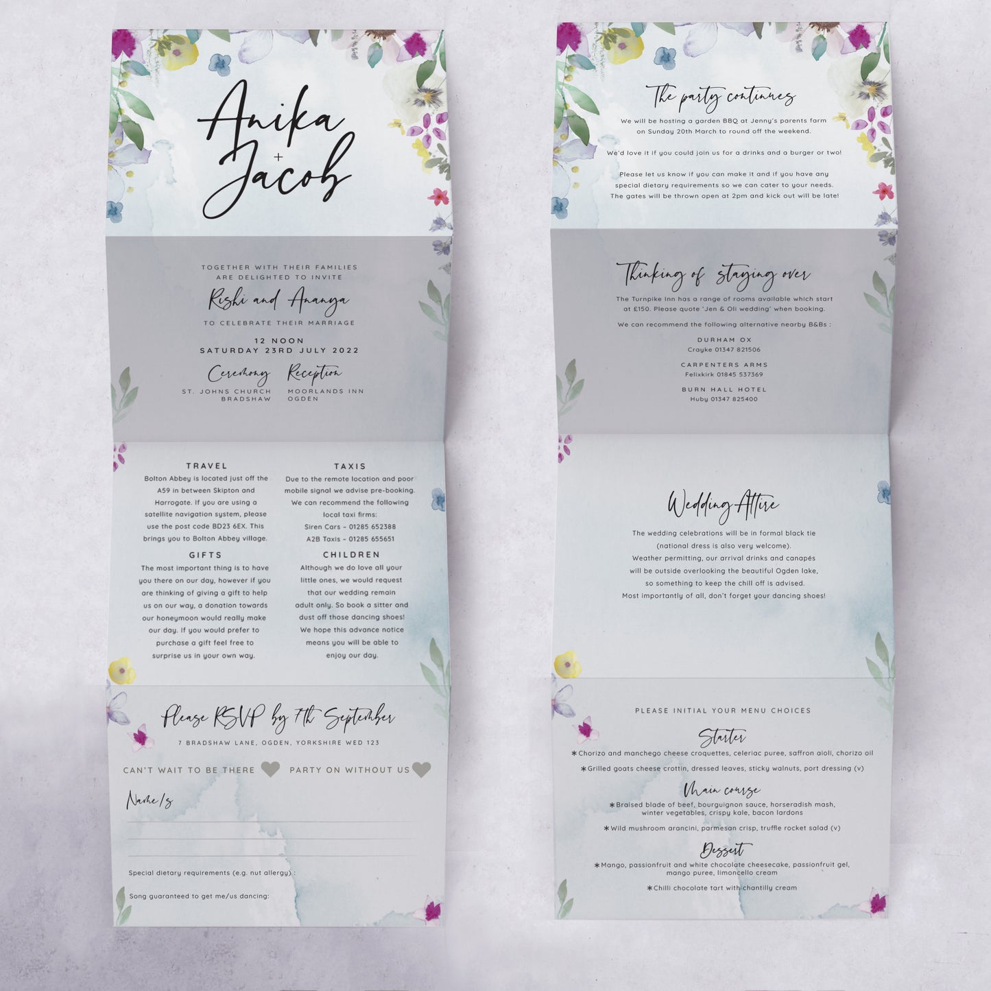 'Flower Press' wedding invite in 4 page concertina fold