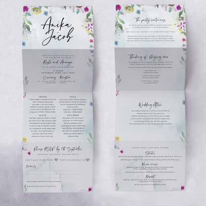 'Flower Press' wedding invite in 4 page concertina fold