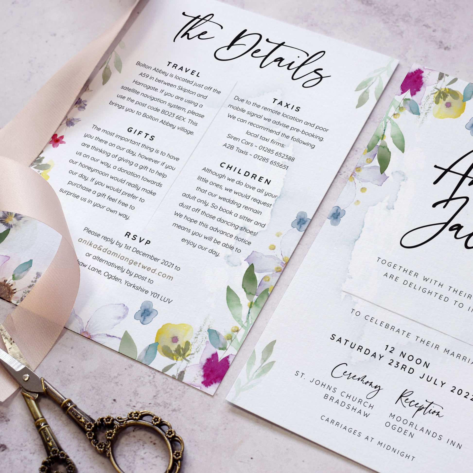 "Flower Press' wedding details card