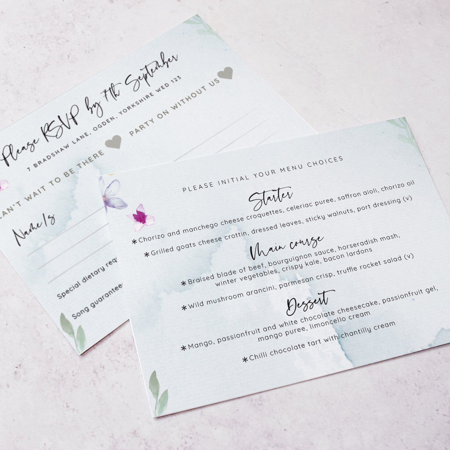 RSVP card featuring menu choices from our 'Flower Press Wreath' collection