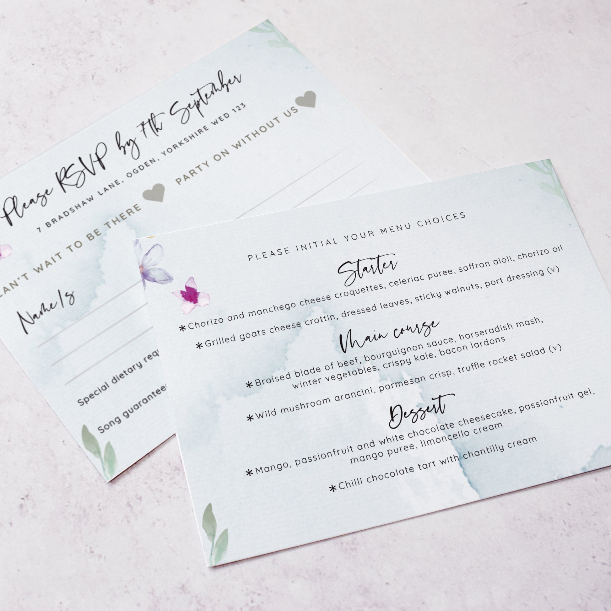 menu choice cards from our 'Flower Press Wreath' collection