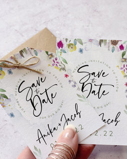 Tag shaped Save the Date cards from our 'Flower Press' collection