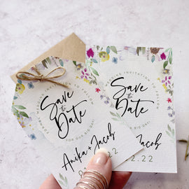 Tag shaped Save the Date cards from our 'Flower Press' collection