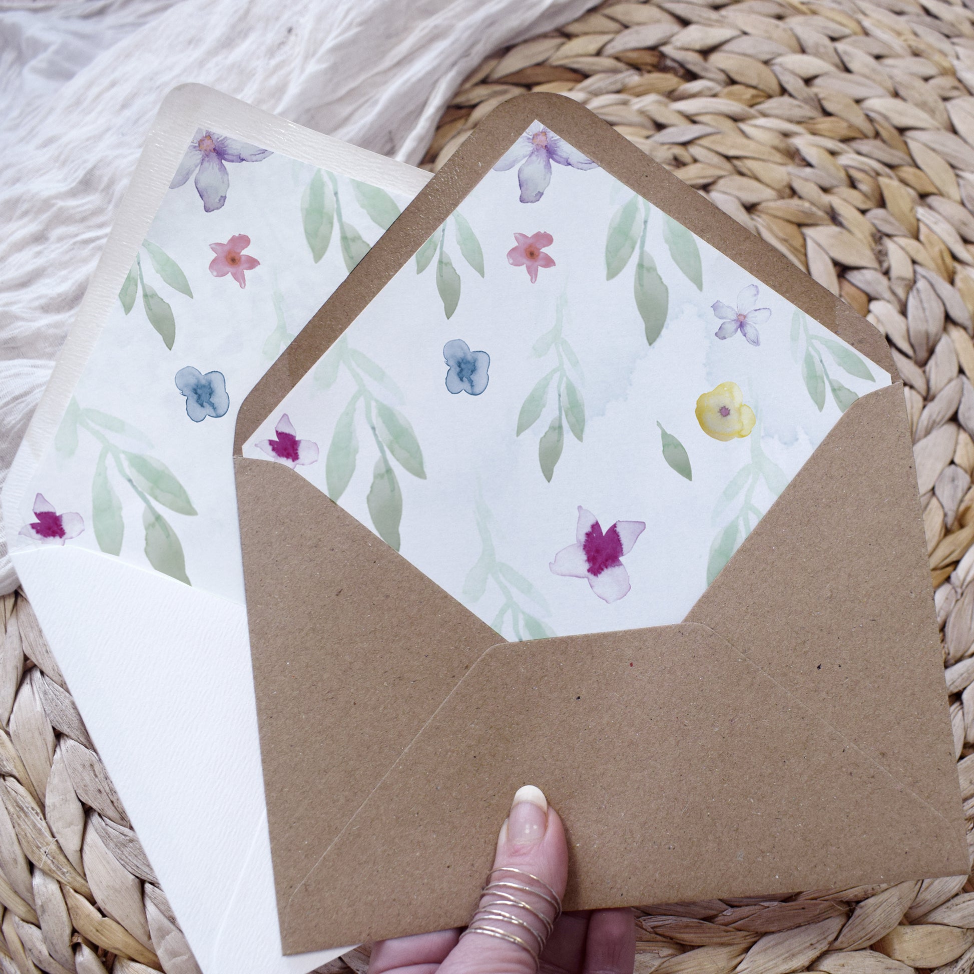 Modern floral envelope liners from the 'Flower Press' wedding stationery range