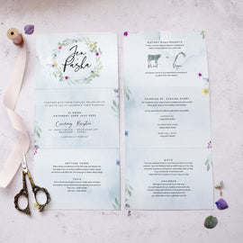 'Flower Press Wreath' folded concertina style wedding invites