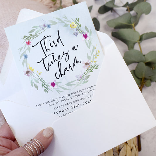 'Flower Press Wreath' Wedding change the date cards