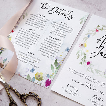 'Flower Press Wreath' wedding details cards