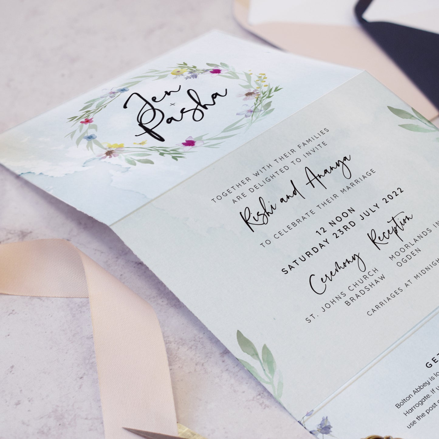 'Flower Press Wreath' modern floral folded wedding invite