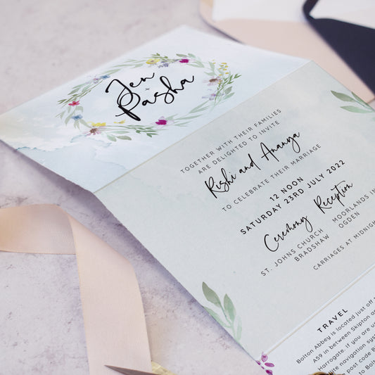 'Flower Press Wreath' blue wedding invitations