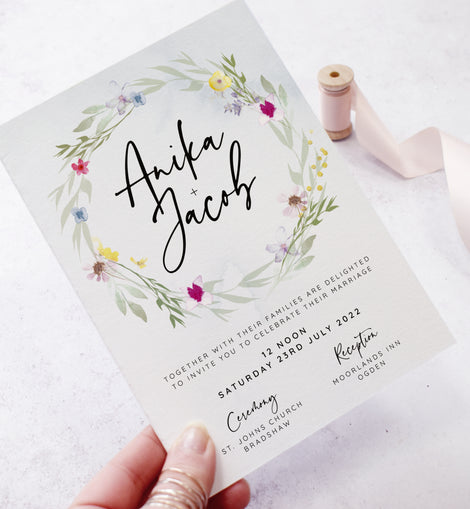 'Flower Press Wreath' wedding evening reception invite