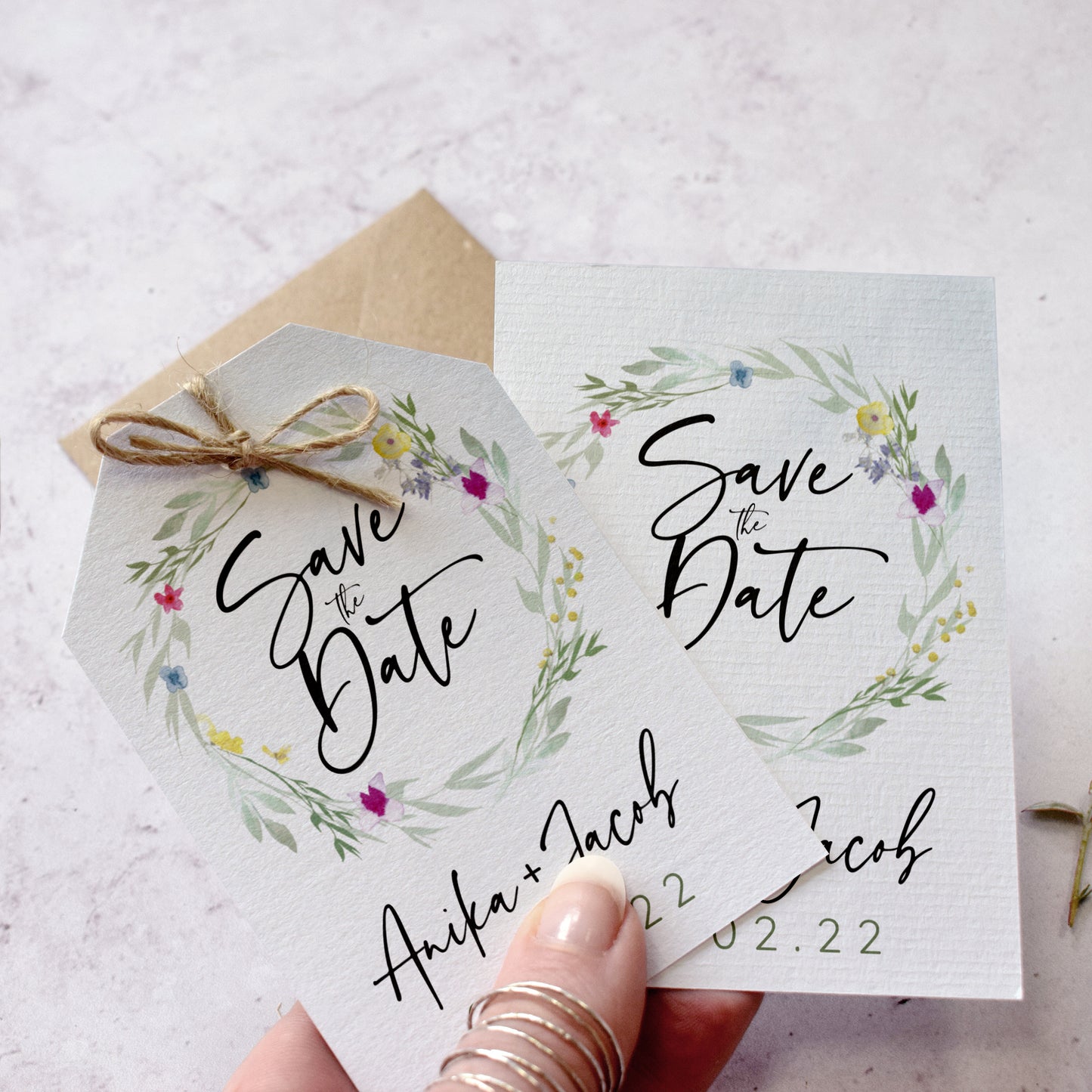 'Flower Press Wreath' wedding save the date cards