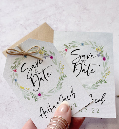 'Flower Press Wreath' wedding save the date cards