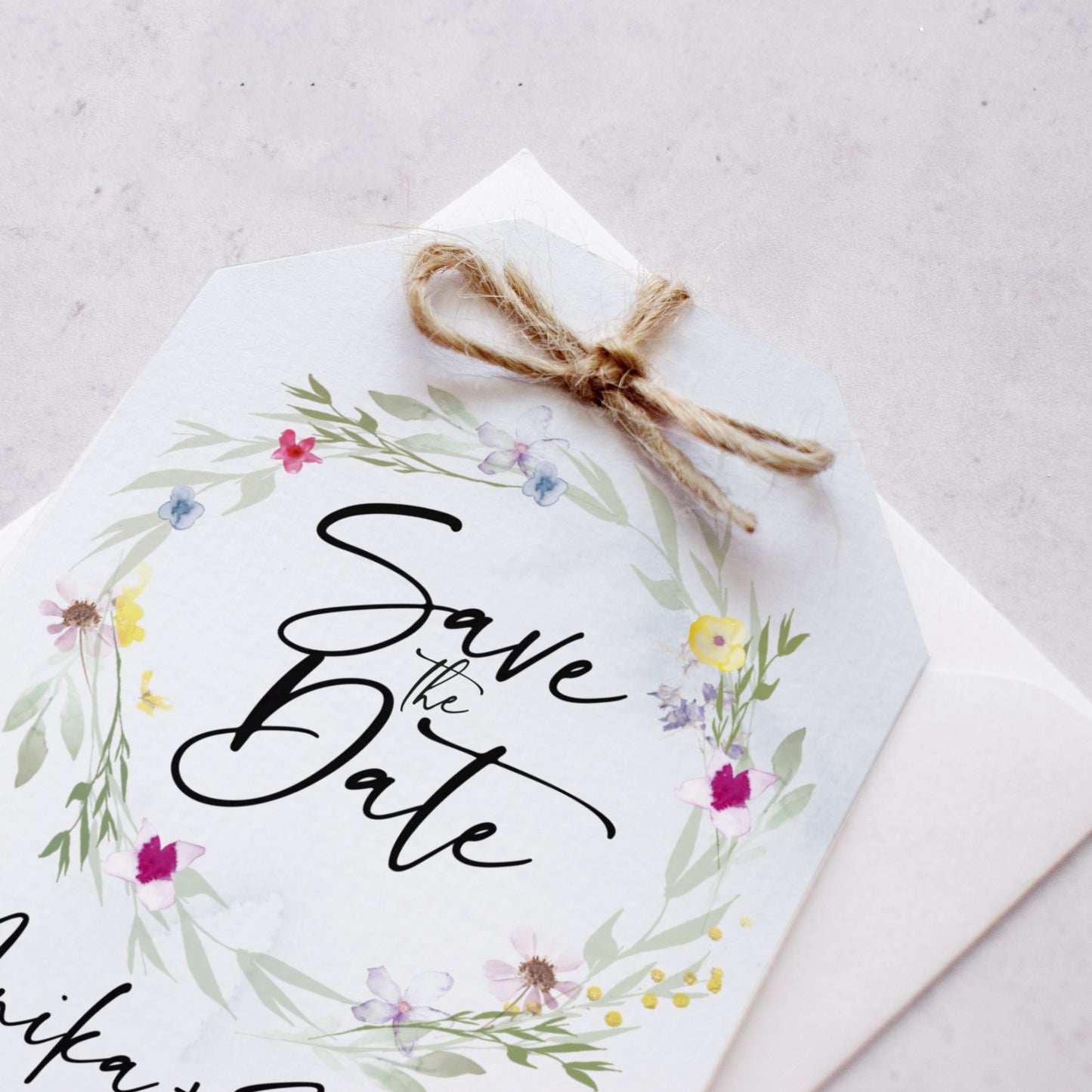 Save the date cards from our 'Flower Press Wreath' collection