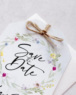 Save the date cards from our 'Flower Press Wreath' collection