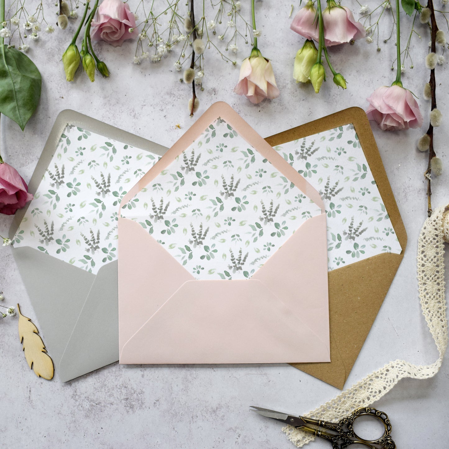 'Foliage Blush' wedding envelope liners