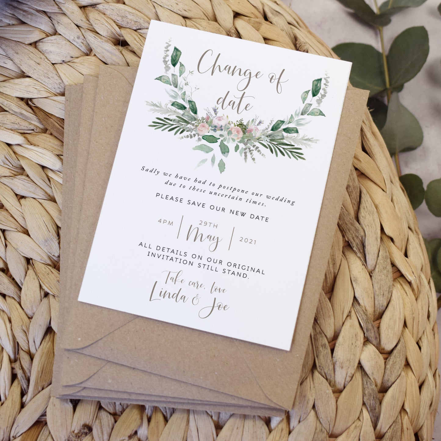 'Foliage Blush\ Wedding change the date cards