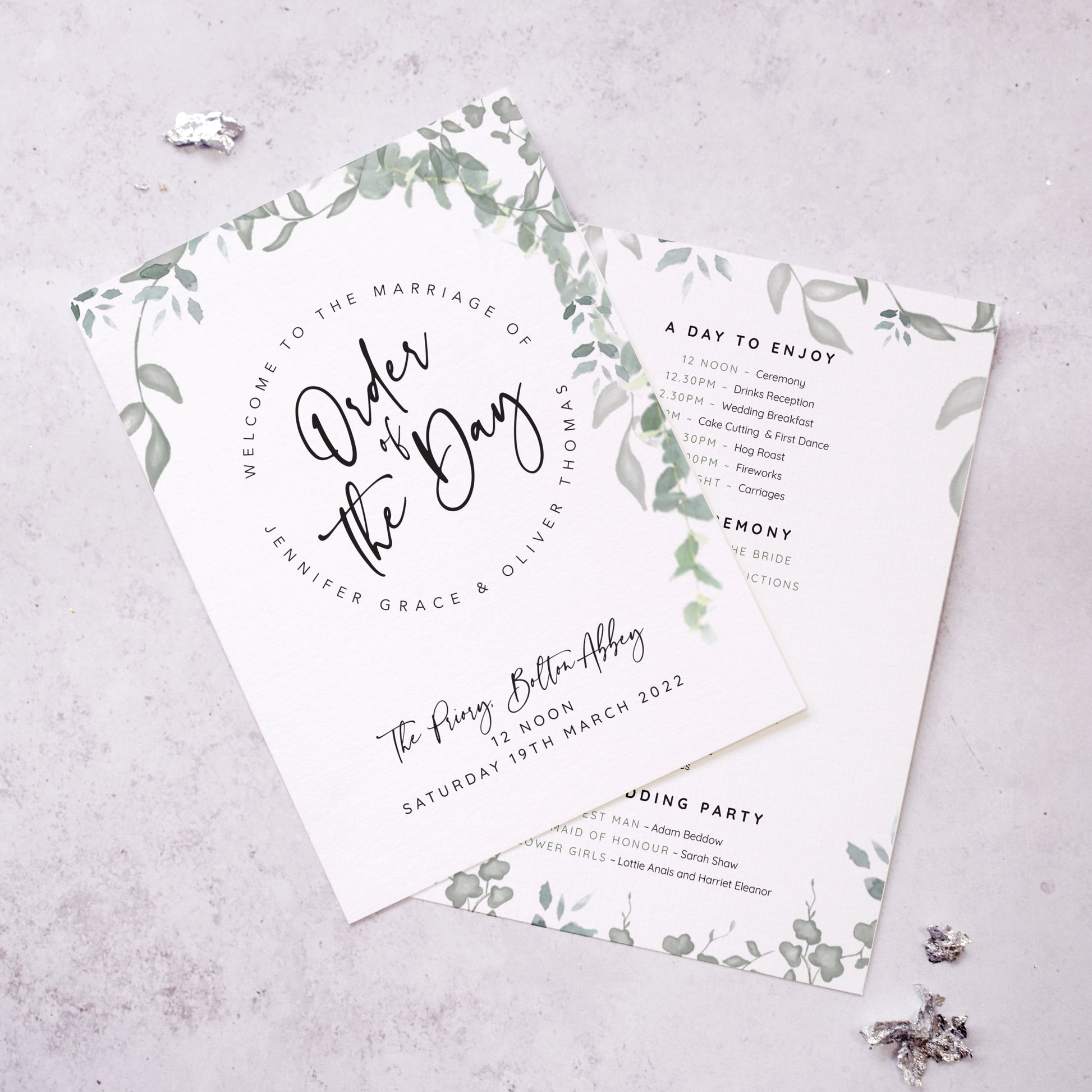 Double sided Order of the Day flat card featuring eucalyptus from our "greenery' collection