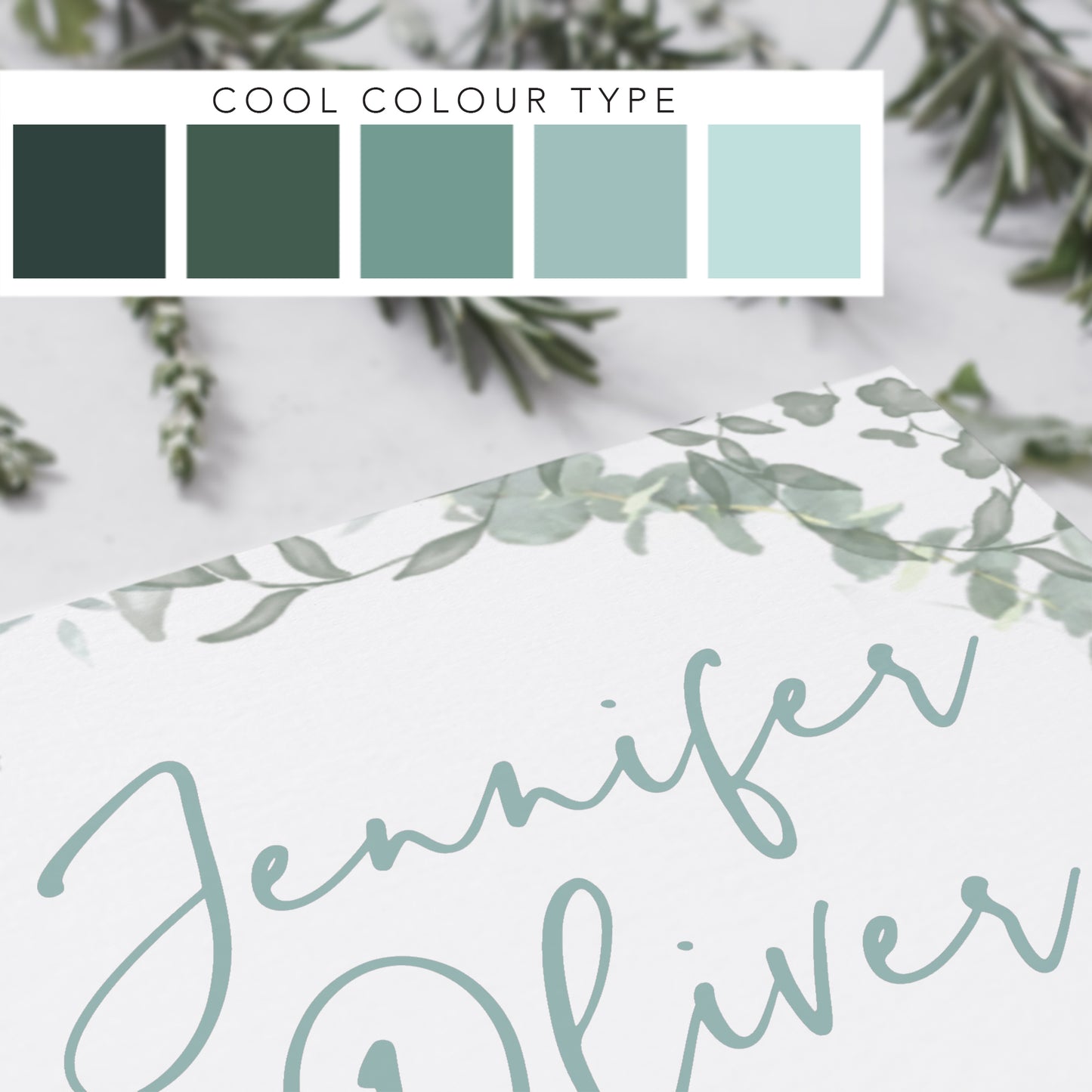 'Greenery' wedding stationery in 'cool' colour scheme